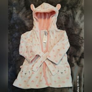 🩷 3/$15 Girls (0-9 M) Carter's Pink & White Hooded Robe, lamb pockets & tie New